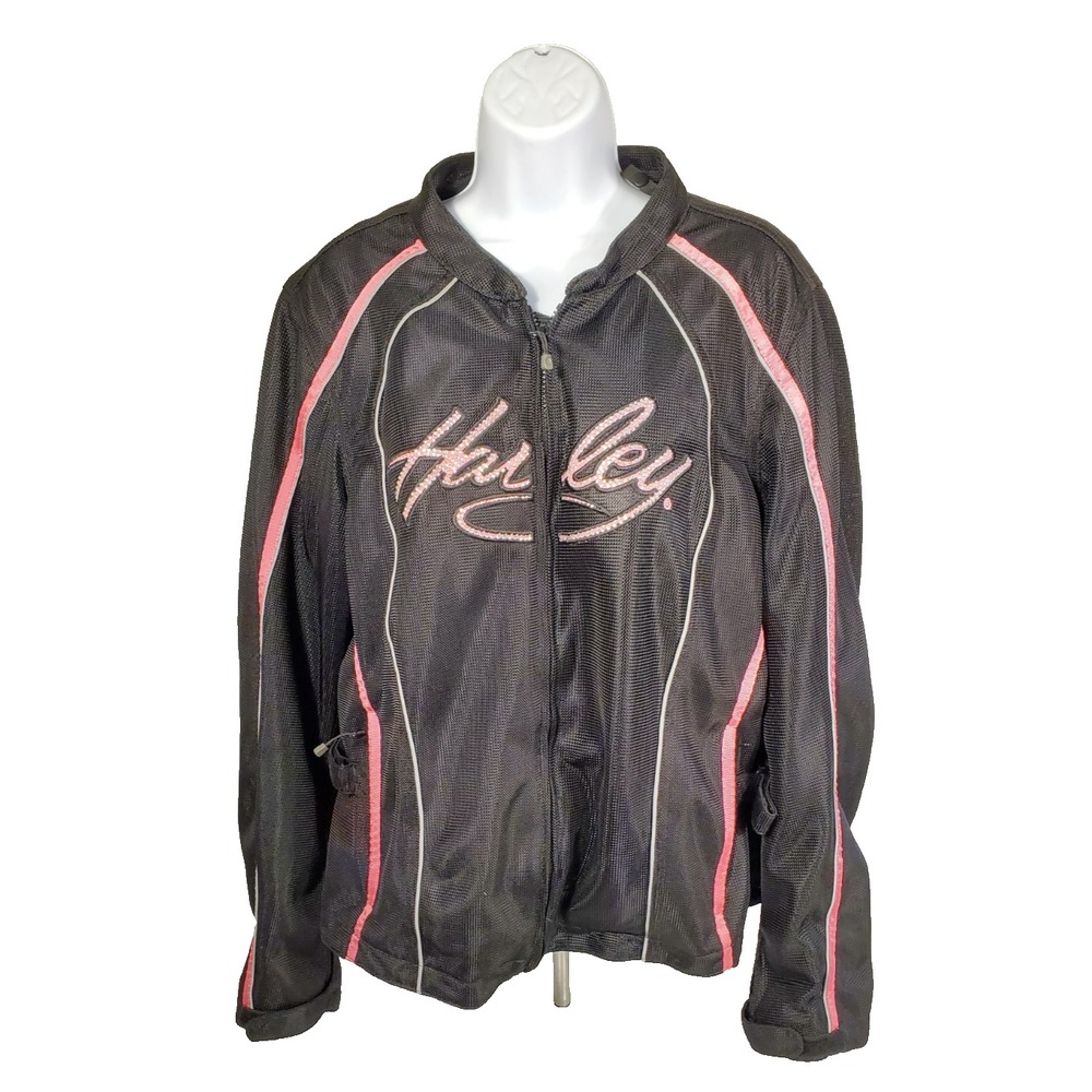 Harley Davidson Women's XL Motorcycle‎ Jacket Black Mesh Pink Rhinestone Bling